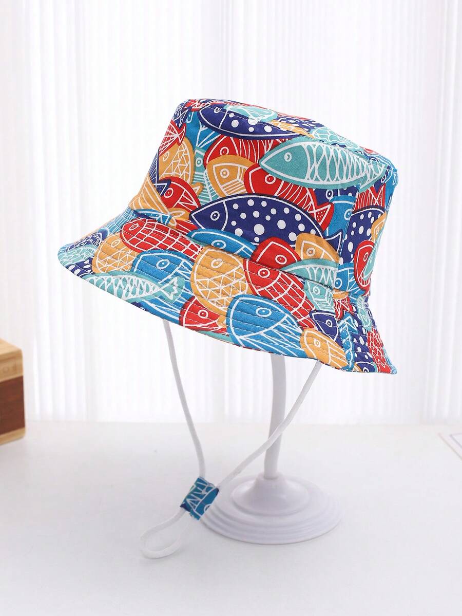1pc Cartoon Ocean Animal Print Light Blue Toddler Bucket Hat, Infant Sun Hat For Outdoor Daily Use, Suitable For Spring, Summer, Autumn - Multicolor - View 1