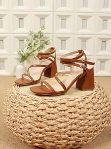 Summer High Heel Sandals, New Solid Color Bohemian Style Buckle Closure Personalized Fairy Style Buckle Roman Open Toe Ladies Shoes