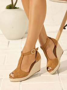 2025春夏女装时尚新款草编带坡跟厚底露趾凉鞋