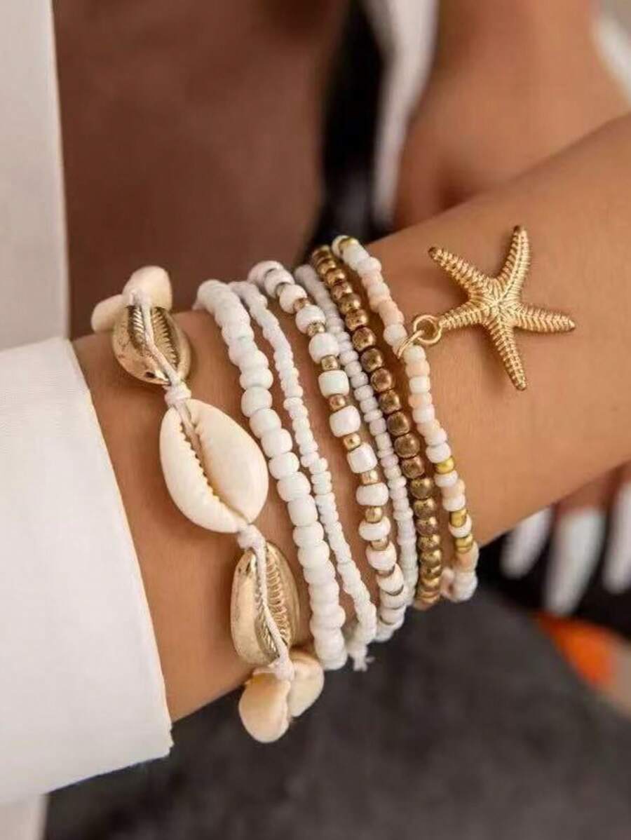 7 peças/Conjunto Pulseiras Femininas de Conchas e Estrelas-do-Mar com Contas, Acessórios de Praia e Diários