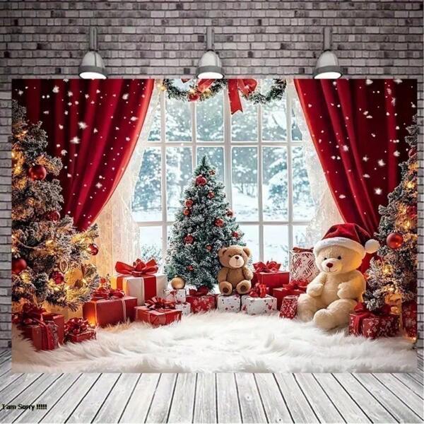 The Christmas Wonderland Snowman Background Paired With Red Curtains Is Perfect For Indoor Celebrations, Studio Photography, And Holiday Parties