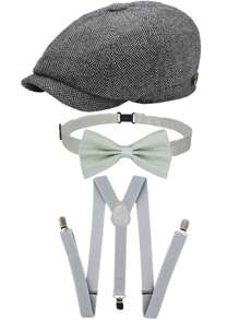 D EXCEED 3/4 pièces Accessoires pour hommes des années 1920 : Chapeau Fedora style gangster, bretelles Y-Back et nœud papillon pré-noué. Ensemble pour hommes des Années folles : Casquette Newsboy Ivy pour une fête sur le thème de Gatsby le Magnifique