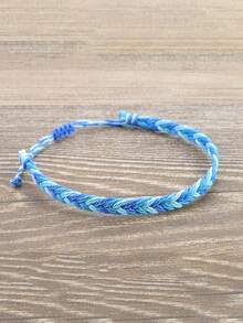 1pc Handmade Braided Rope Bracelet, Wax Thread Woven Wristband For Men, Suitable For Beach, Surfing, Vacation - Blue - View 1
