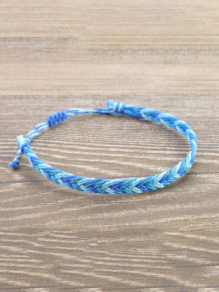 1pc Handmade Braided Rope Bracelet, Wax Thread Woven Wristband For Men, Suitable For Beach, Surfing, Vacation - Blue - View 1