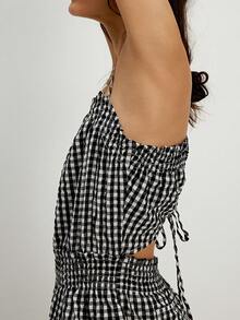 Women's Casual Plaid Gingham Wide Leg Jumpsuits Spaghetti Straps Long Smocked Overalls Rompers Summer Y2K Baggy Sleeveless Long Romper - 黑色 - 查看 4