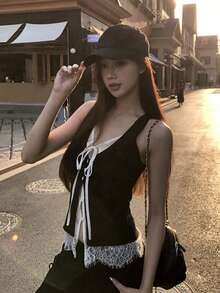 蕾丝边饰无袖修身V领女式休闲黑色夏季上衣 - 黑色 - 查看 3