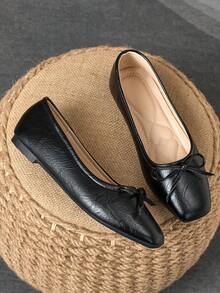 WHDXY 1 双女士方头平底鞋，柔软皮革办公鞋，百搭，休闲，乐福鞋风格，一脚蹬，软底，仙女风格平底鞋，通勤鞋 - 黑色 - 查看 2