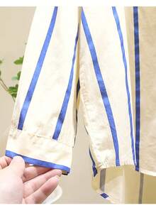 Blusa casual suelta de manga larga para mujer con cuello de diseño, bloques de color a rayas, botones frontales, bordado y espalda corta