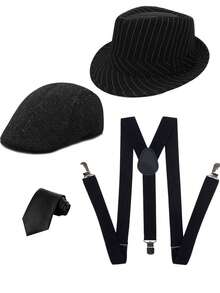 D EXCEED 3/4 件 1920 年代服装配饰套装，适合男女报童帽和曼哈顿软呢帽、后背带和领带，男士咆哮 20 年代套装，适合“了不起的盖茨比”主题派对男士 1920 年代礼物万圣节