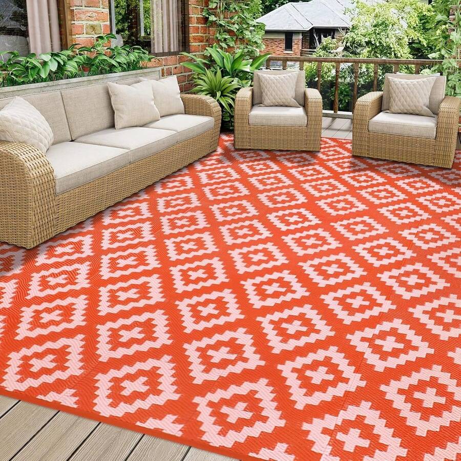 Homcomodar Outdoor Rug 270x365cm Reversible Mats Plastic Straw Rug UV Resistant Camping Mat  Outdoor Area Rug For Patio Beach BBQ Picnic Deck Balcony(Pink) - Pink - View 1