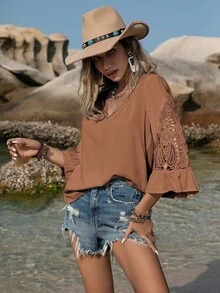 Rusttydustty Áo kiểu dáng rộng rãi, thoải mái, cỡ lớn, cổ ren, phong cách Bohemian, thích hợp cho đi biển, lễ hội âm nhạc Hawaii, kỳ nghỉ nhiệt đới và các dịp khác. - màu nâu - Xem 3