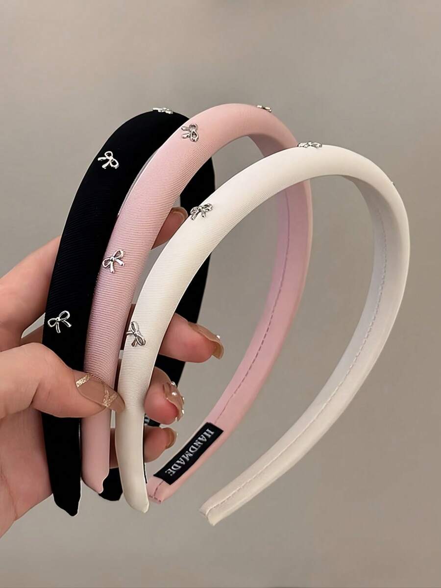3 件全新银色蝴蝶结头带，纯色面料假发头箍，泡沫衬垫顶部，适合日常通勤、工作、上学穿着 - 彩色 - 查看 1