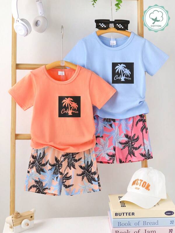 Conjunto de 4 piezas de ropa informal y linda para niño bebé, que incluye camisetas de manga corta de cuello redondo suaves, transpirables y cómodas, y shorts con estampado de árboles de coco en estilo de playa, adecuados para uso diario, vacaciones y fiestas