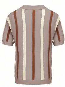 针织套衫，条纹撞色休闲针织 Polo 衫男士短袖针织 Polo 衫条纹设计休闲舒适时尚夏装柔软面料经典领口男士服装日常户外服装百搭时尚男士 Polo 衫 - 淡紫色 - 查看 3