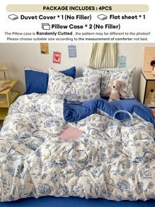 1 Set Juego de Ropa de Cama con Estampado de Conejo Azul Klein de 4 Piezas, Estilo Boceto Suave y Cómodo Adecuado para Todas las Estaciones para el Hogar, Hotel, Decoración de Dormitorio, (1 Edredón + 1 Sábana Plana + 2 Fundas de Almohada), Patrón de Funda de Almohada Aleatorio