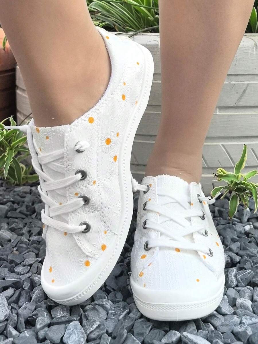 女士休闲碎花平底鞋，时尚白色雏菊图案，适合万圣节、圣诞节、夜总会派对，柔软、舒适、透气、防滑，加大码，适合户外散步和运动