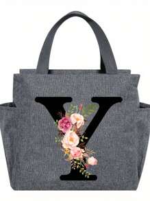 1pc Elegant Floral & Letter Tote Bag - Insulated Lunch Bag, Made Of Durable Polyester, Grey With Pink Flowers & Green Leaves, Suitable For Office, School And Outdoor Picnic