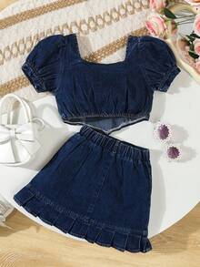 牛仔时尚休闲泡泡袖牛仔外套搭配腰带百褶牛仔裙 - 寶藍色 - 查看 7