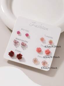 6 对套装简约树脂可爱花朵/玫瑰耳钉，时尚珠宝礼物，适合女性日常休闲佩戴 - 彩色 - 查看 5
