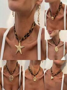 1pc Bohemian Leopard Print Rope Chain Necklace With Thick Starfish, Sun, Flowers, Heart Shells, Beach Style Jewelry Gift For Women
