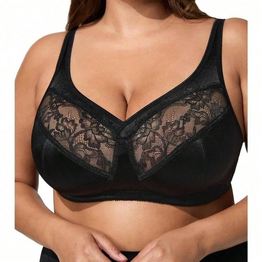 Plus Size Bras, For Women Comfortable Lace Minimizer Wireless Bra ,Full Coverage T Shirt Bras - Black - View 1