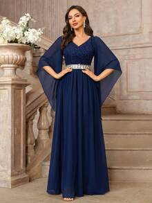 MIUSOL Váy Maxi dự tiệc trang trọng cổ chữ V tay cánh bướm ren hoa, thắt lưng sequin, váy dự tiệc thanh lịch dành cho nữ, váy dạ hội trang trọng, dành cho khách dự tiệc cưới, tốt nghiệp, tiệc tối - Màu xanh hải quân - Xem 3