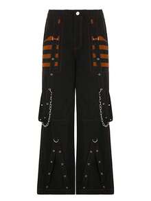 Women Cargo Jeans, Striped Zipper Button Closure Loose Casual Trousers Streetwear With Pockets - 橘色 - 查看 6