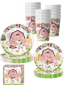10 件农场动物派对用品餐具套装农场生日派对谷仓动物主题派对可爱粉色动物淋浴甜点盘纸餐巾餐具，7 英寸 | 9 英寸一次性纸盘，9 盎司纸杯，餐巾，可供 10 位客人使用 - 彩色 - 查看 1