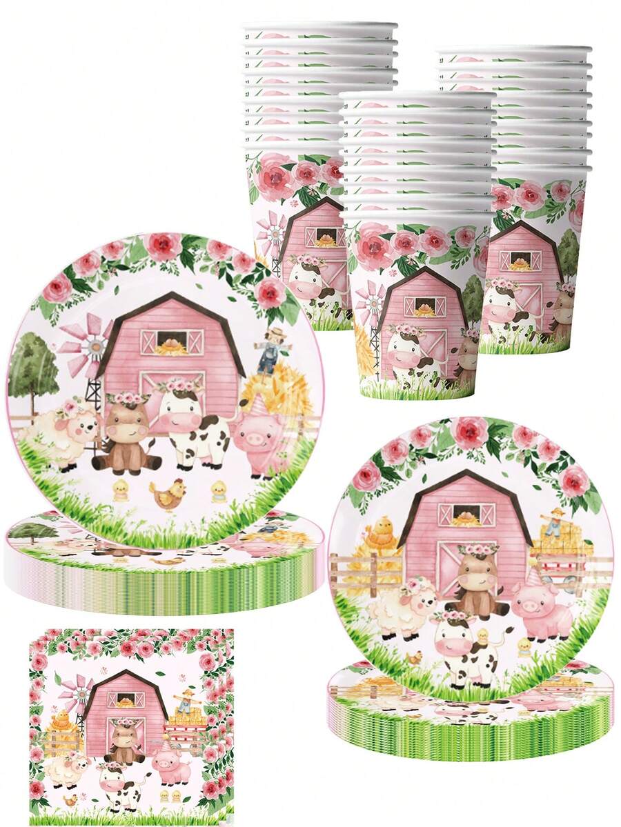 10 件农场动物派对用品餐具套装农场生日派对谷仓动物主题派对可爱粉色动物淋浴甜点盘纸餐巾餐具，7 英寸 | 9 英寸一次性纸盘，9 盎司纸杯，餐巾，可供 10 位客人使用 - 彩色 - 查看 1
