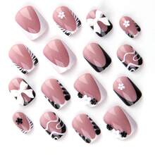 Transform Your Nails With 48pcs Short Square Bling Classic Black White French Style Zebra Stripe 3D Cute Flower Decot&Pink Glitter 3D Bow-Knot Pearl Rhinestor Decot Bling Full Cover Fake Press On Nail Kit Will Give Your Look A Elegant Romantic Suitable For Daily Life