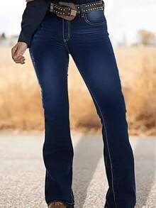 Plus Size Women's Stretchy Skinny Jeans - High Waist Bootcut Denim Pants With Floral Embroidery & Side Pockets, Comfortable Big Size Bell Bottom Trousers For Curvy Ladies - 深色水洗藍 - 查看 4