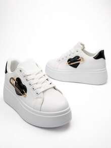 Women's Platform Sneakers With Metallic Heart Detail - White - View 6
