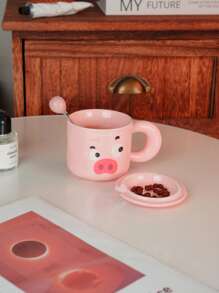 1 Stück 350 ml rosa Keramik Kaffeebecher mit Deckel & Löffel, süßer Cartoon Schwein Milchbecher mit Griff, sinnvolles Geschenk zum Geburtstag und für Paar, stilvoller Wasserbecher