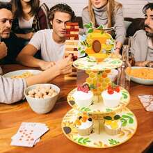 4 Stücke 3-stufiger Cupcake-Ständer im Bienenmotiv - lebendiges Gelb und Grün Design mit Wabenmuster und Blumenmuster, ideal für Baby-Shower, Hochzeit, Geburtstagsparty Dekoration, Bienen Dekor