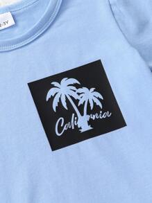Conjunto de 4 piezas de ropa informal y linda para niño bebé, que incluye camisetas de manga corta de cuello redondo suaves, transpirables y cómodas, y shorts con estampado de árboles de coco en estilo de playa, adecuados para uso diario, vacaciones y fiestas