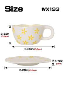 1pc Hand-Painted Floral/Yellow Stamen Ceramic Coffee Cup And Saucer Set, Suitable For Home, Office, Cafe Use, Ideal Gift For Women, Mom, Birthday Back To School