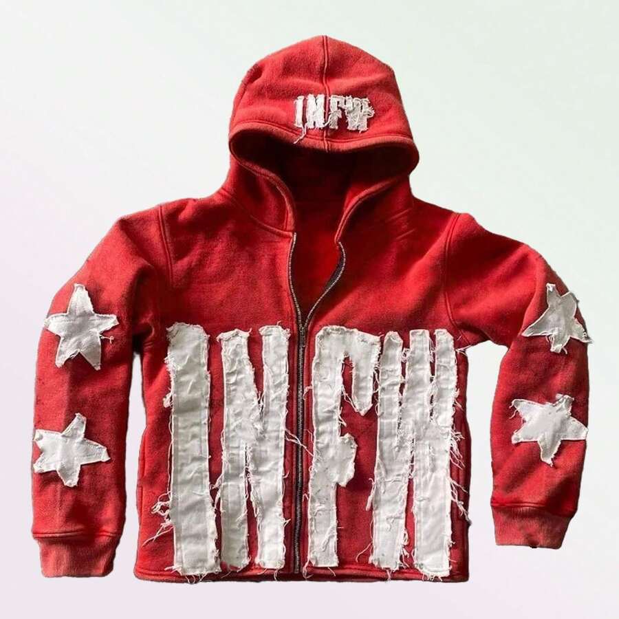 INFW Hoodie Street Star Pattern Patchwork Sweater Letter Long Sleeve Y2K Hoodie - Đỏ - Xem 1