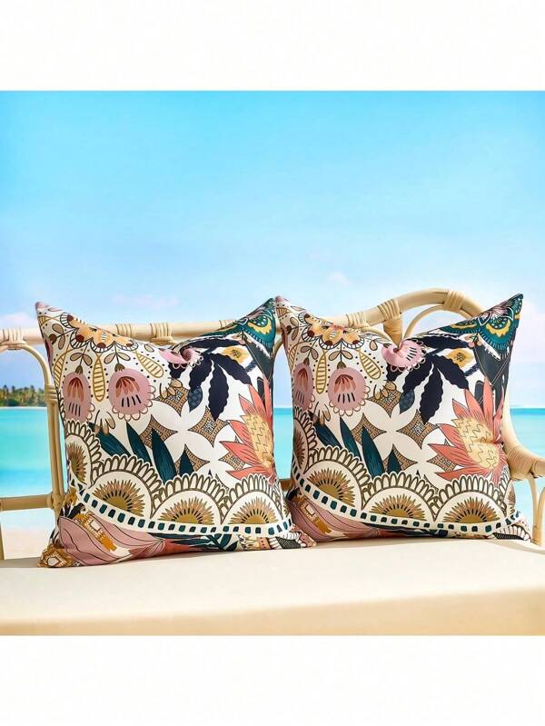 Housses de coussin d'extérieur 18 x 18 pour canapé en rotin, coussins de style boho 18 x 18. Housses de coussin d'extérieur imperméables pour la décoration d'été et de printemps, canapé, motif de feuilles tropicales abstraites. Lot de 2 pour la terrasse, le porche, le balcon, la chambre et la décoration de la maison
