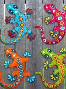 4pcs 2D Colorful Wooden Gecko Wall Decor, Outdoor Garden Patio Decoration, Suitable For Indoor Or Outdoor, Great Gift For Mom, Dad And Friends