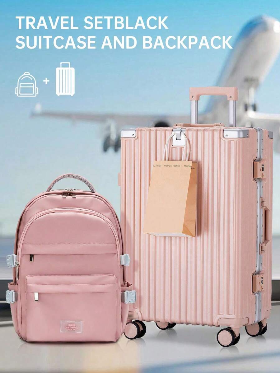 2 pezzi set di zaini da viaggio alla moda, valigia trolley con ruote in ABS+PC con portabicchiere, bagaglio a mano da viaggio, set di valigie da viaggio - Rosa - Visualizzare 1