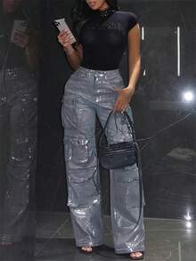 GLOURI Y2K Metallic Silver Cargo Jeans - High Waist Baggy Straight Leg Pants W/ Stretch With Multi-Pockets | Streetwear Festival Pants For Night Out And Weekend Vibes - Bạc - Xem 6