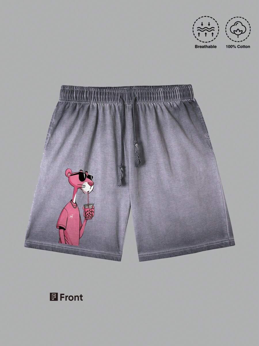 Men's Black Shorts With Panther Graphic Print - Casual Loungewear Summer Short Teenager's Breeches-Father'd Day Gift Choice-Daily Essential-Cheaper Item-Men'slacks - 灰色 - 查看 1