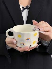1pc Handpainted Heart, Bow, Sun, Rainbow, Star Ceramic Mug, Instagrammable French Latte Cup, Cute Girl Style Beverage Cup, Tea/Coffee/Water Cup, Practical & Stylish Gift, Suitable For Cafe, Dessert Shop, Restaurant, Living Room, Party, Gift Giving