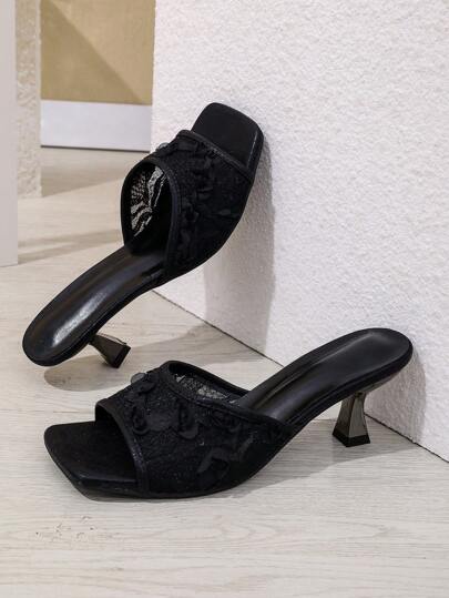 Women's Fashionable & Elegant Peep Toe High Heels, Ladies Black, White, Floral, Lace Pattern Stiletto Slide Sandals, Spring/Summer New Arrivals, Suitable For Outdoor Wedding, Party, Home, Sexy Slippers