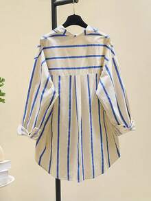 Blusa casual suelta de manga larga para mujer con cuello de diseño, bloques de color a rayas, botones frontales, bordado y espalda corta