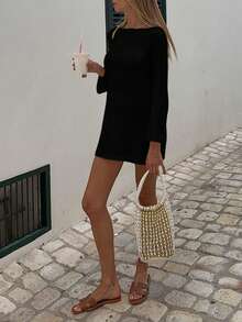 女士纯色简约休闲优雅减龄沙滩度假性感镂空薄纱袖罩衫迷你连衣裙，春夏度假黑色 - 黑色 - 查看 8