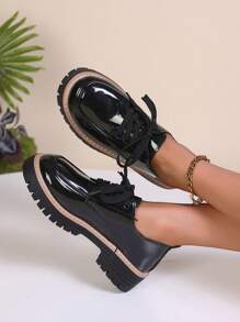Women's Black Platform Chunky Heel Loafers, Thick Sole British Style French Leather Lace-Up Casual Shoes