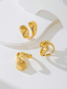 Set de 3 anillos dorados geométricos huecos, con diseño sencillo y de moda - Amarillo Oro - Ver 3