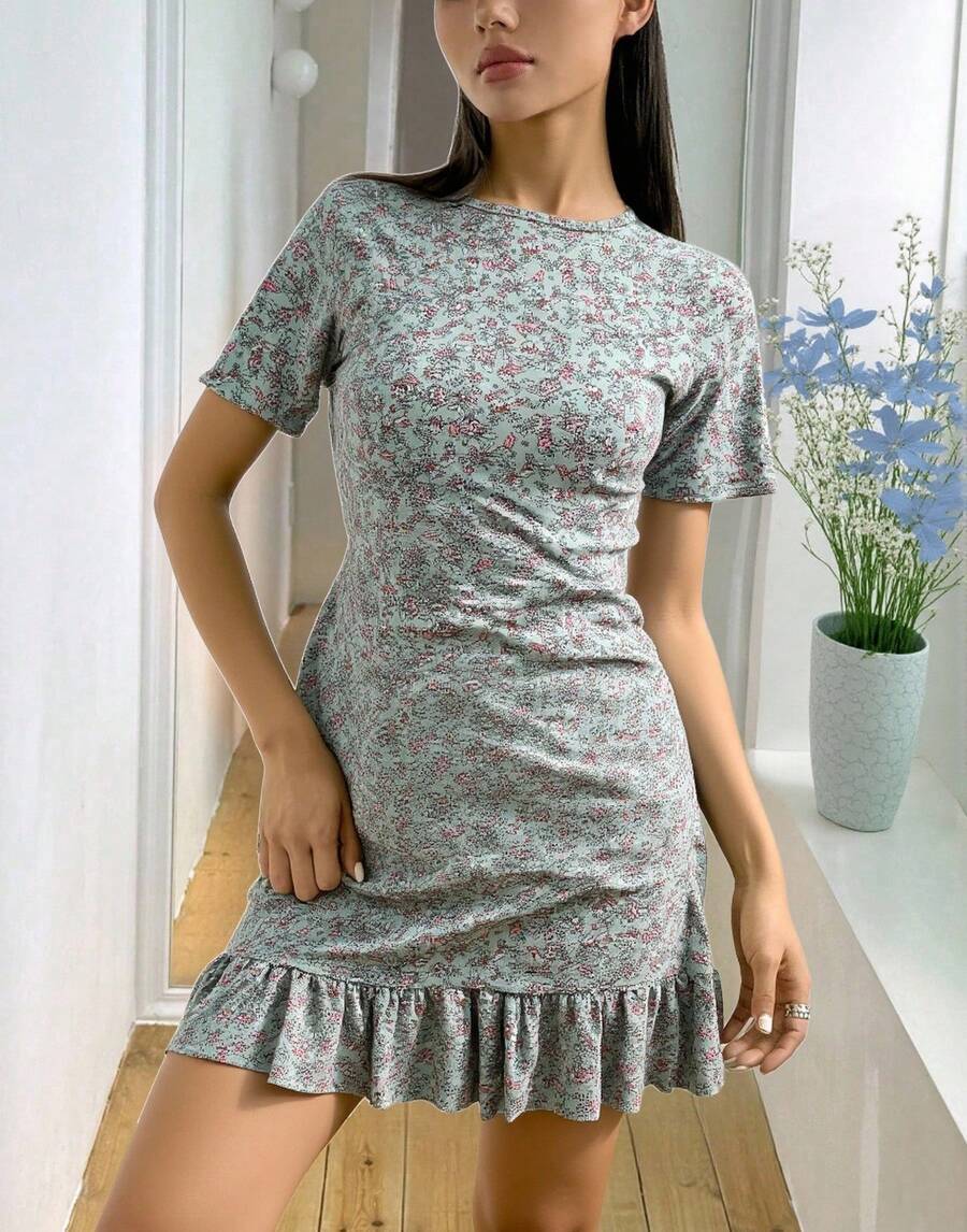 Vestido corto con olan y cuello redonndo manga corta ligero comodo - Verde - Ver 1