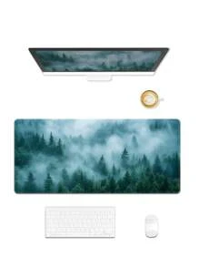 Tapis de souris de jeu avec motif d'arrière-plan de forêt, tapis de bureau élargi, tapis de table antidérapant en caoutchouc, avec bordure cousue, convenant pour ordinateur portable et ordinateur. Tapis d'expansion de forêt brumeuse